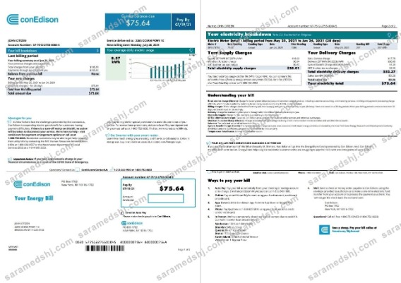 USA Con Edison utility bill template in Word and PDF format, 2 pages (2021 April – present)